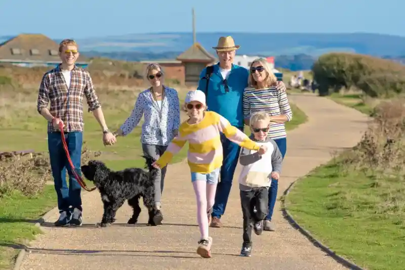 A cheerful family walks along a sunny path, holding hands and enjoying the outdoors. Two children run ahead, while adults smile and walk with a dog on a leash. Lush greenery and blue skies enhance the joyful scene.
