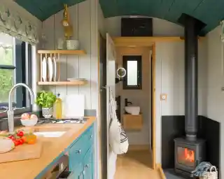 Cozy tiny kitchen with a blue and white color scheme, featuring a wooden countertop, a stove, and a small wood-burning stove. A plant sits near the sink, and there are plates displayed on a shelf. A doorway leads to a bathroom area with modern fixtures. Natural light comes through a window.