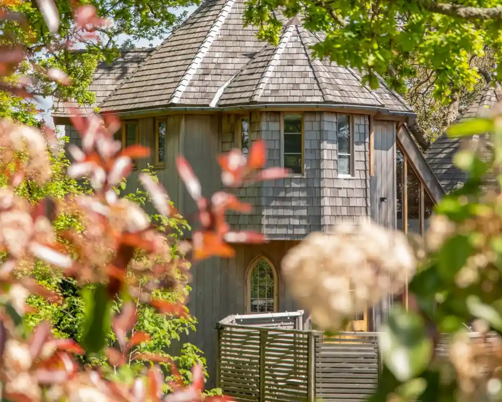 A unique wooden house with a distinctive turret and shingled roof is partially obscured by greenery and blooming flowers in the foreground. Sunlight illuminates the structure, enhancing its natural surroundings.