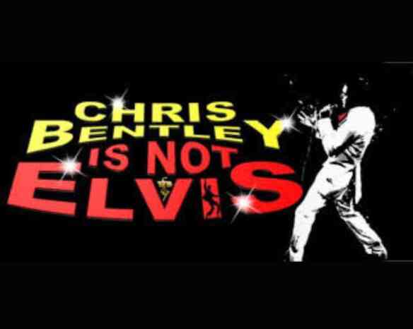 A stylized graphic featuring the text "Chris Bentley is not Elvis" in bold, colorful letters. An illustration of a performer in a white suit is shown, suggesting a musical theme. The background is predominantly black, enhancing the vibrant colors.