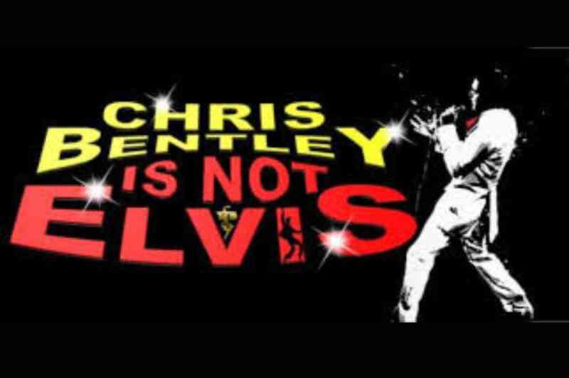 A stylized graphic featuring the text "Chris Bentley is not Elvis" in bold, colorful letters. An illustration of a performer in a white suit is shown, suggesting a musical theme. The background is predominantly black, enhancing the vibrant colors.