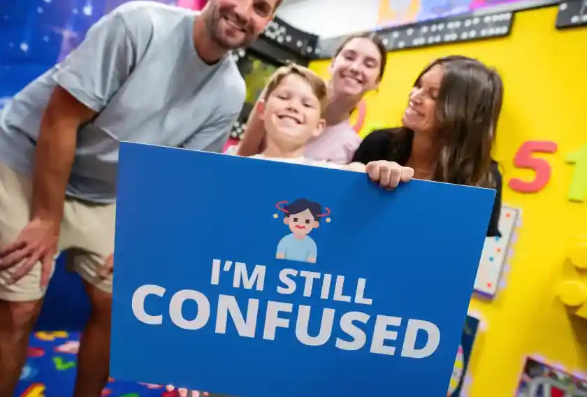A group of four people, two adults and two children, pose in a colourful room filled with playful decorations. One child holds a large blue sign that reads, I'm Still Confused while the others smile and look amused.