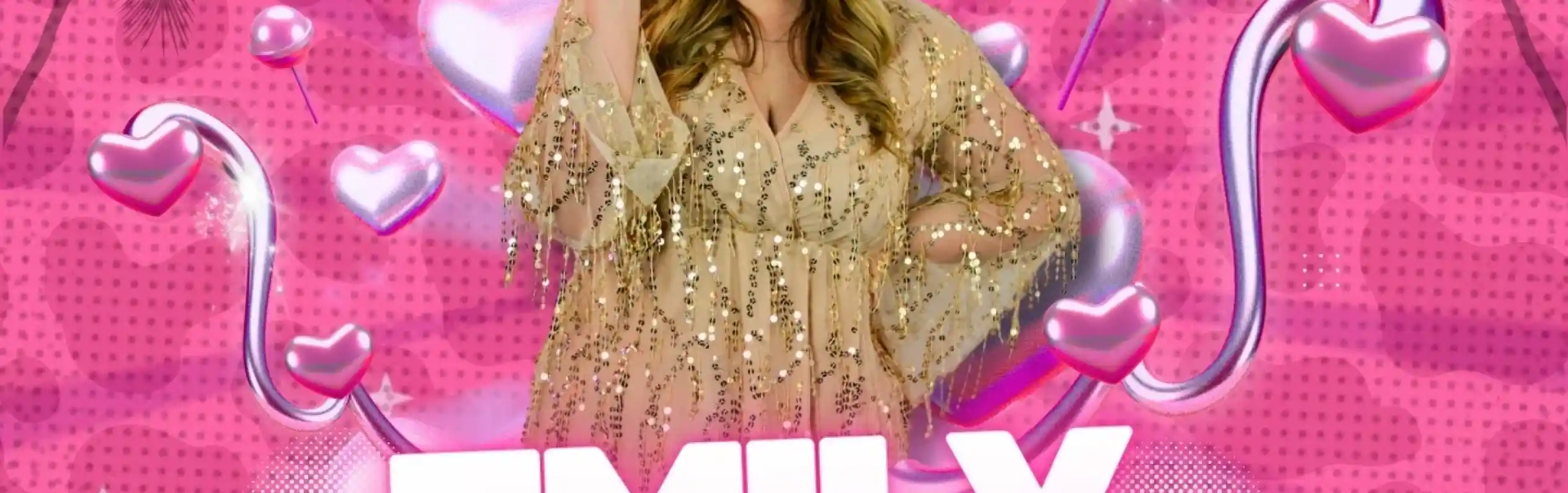 A smiling woman holds a microphone, wearing a sparkly beige dress, against a vibrant pink background with hearts and palm trees. The text "Emily Pitcher" is prominently displayed in a bold white font.