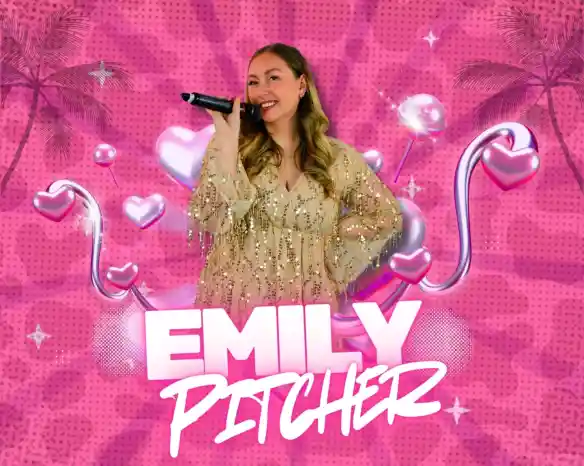 A smiling woman holds a microphone, wearing a sparkly beige dress, against a vibrant pink background with hearts and palm trees. The text "Emily Pitcher" is prominently displayed in a bold white font.