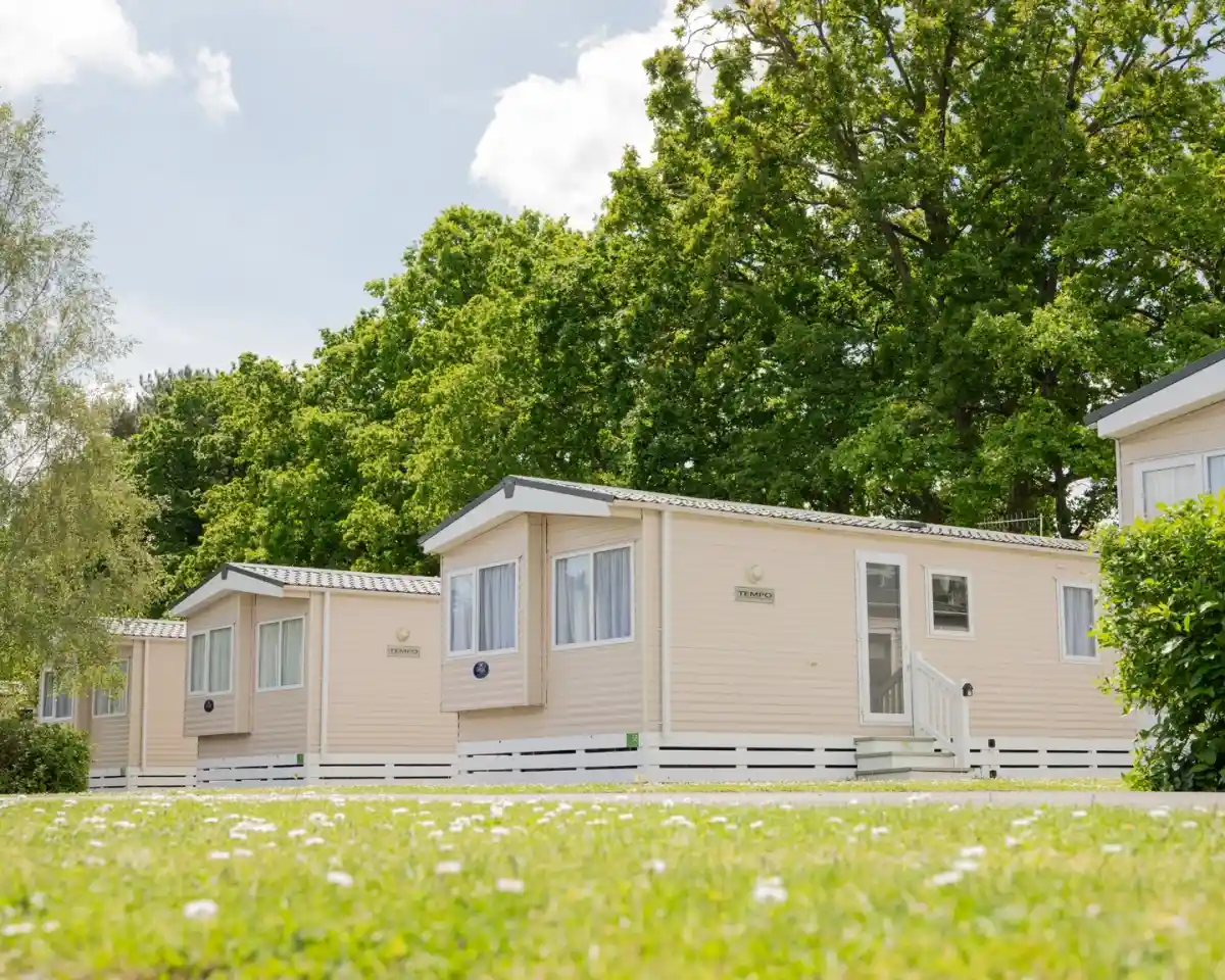 Several pastel-coloured mobile homes are lined up on a grassy area, surrounded by lush green trees and a bright blue sky with scattered clouds.