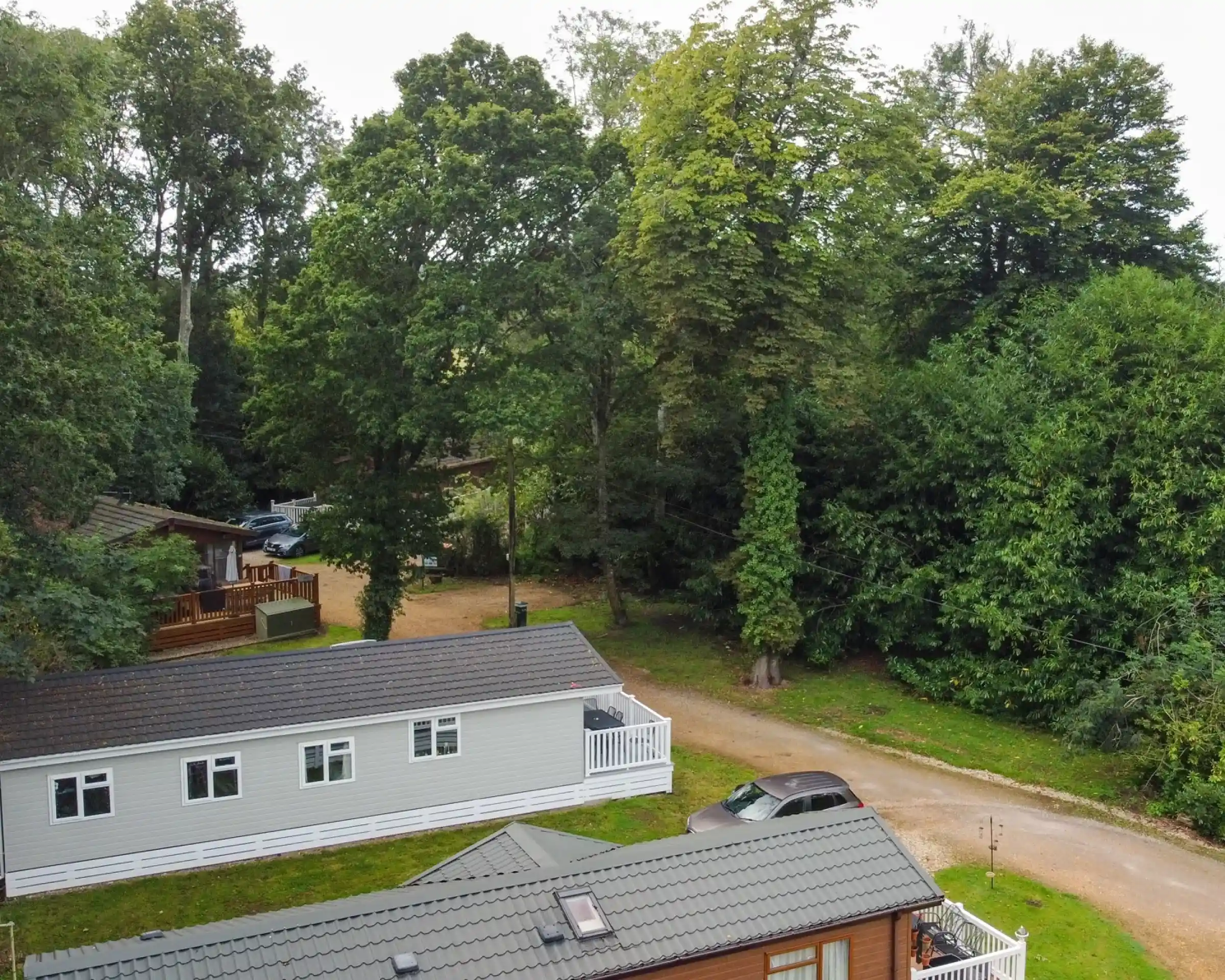 A residential area featuring several mobile homes among lush green trees. A dirt road runs through the scene, with parked cars visible in the background.