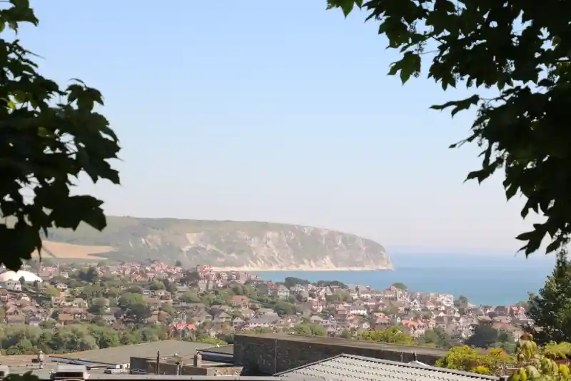 A coastal view featuring a beach and cliffs in the distance, with a town nestled below, framed by green leaves in the foreground. The sky is clear and blue, and the sea sparkles under the sunlight.