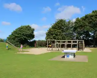 A children's playground featuring a wooden play structure, swings, and a slide, surrounded by grassy areas and trees under a blue sky with fluffy clouds.