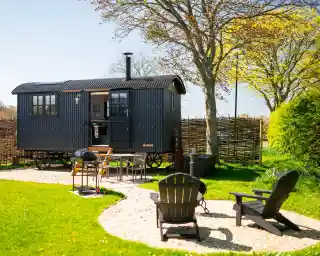 A charming black hut on wheels sits in a lush green area, surrounded by trees. In front, there are two wooden chairs and a small table, with a gravel path leading up to the hut. A warm sun shines down on the serene outdoor setting.