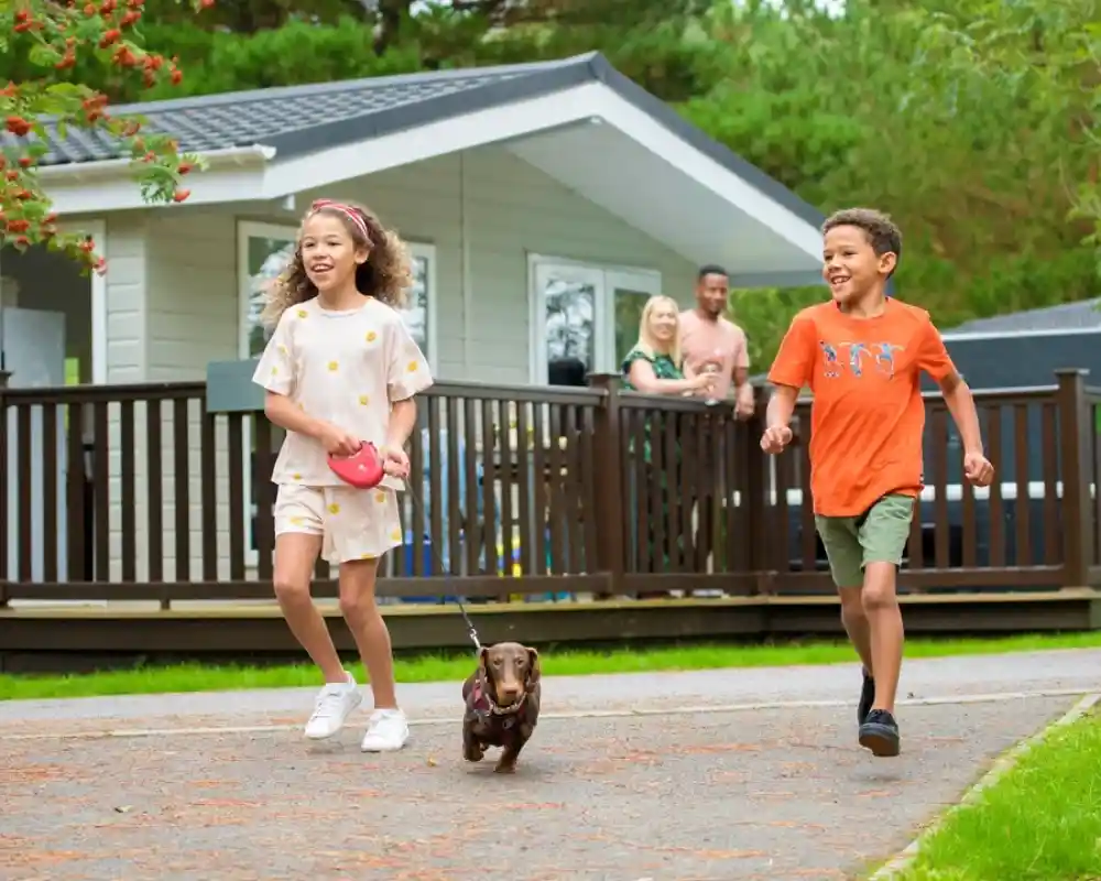 Two children, a girl in a white outfit and a boy in an orange t-shirt, joyfully run along a pathway, walking a small brown dachshund. In the background, a family watches from the porch of a house surrounded by greenery.