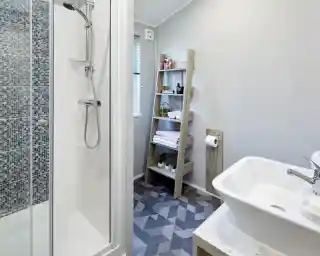 Modern bathroom featuring a tiled shower, white vessel sink, and a wooden ladder shelf with toiletries and towels.
