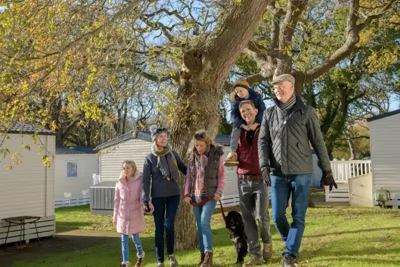 A family of five, including two adults, two children, and a dog, walks together under a large tree in a pleasant outdoor setting. They are surrounded by holiday cabins, with autumn foliage visible. Everyone is smiling and enjoying their time together.