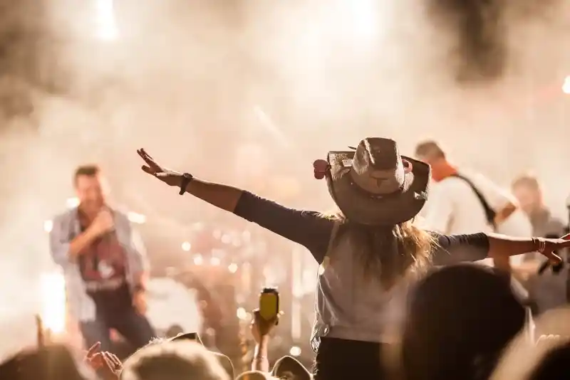 A crowd enjoying a live music performance, with a person wearing a wide-brimmed hat dancing joyfully in the foreground. The atmosphere is filled with smoke and stage lights, creating a vibrant concert scene.