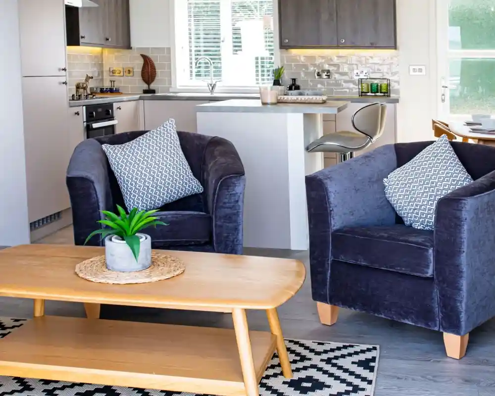 A cozy living room featuring two comfortable armchairs with decorative cushions, a wooden coffee table with a plant and a woven placemat, and a modern kitchen visible in the background.
