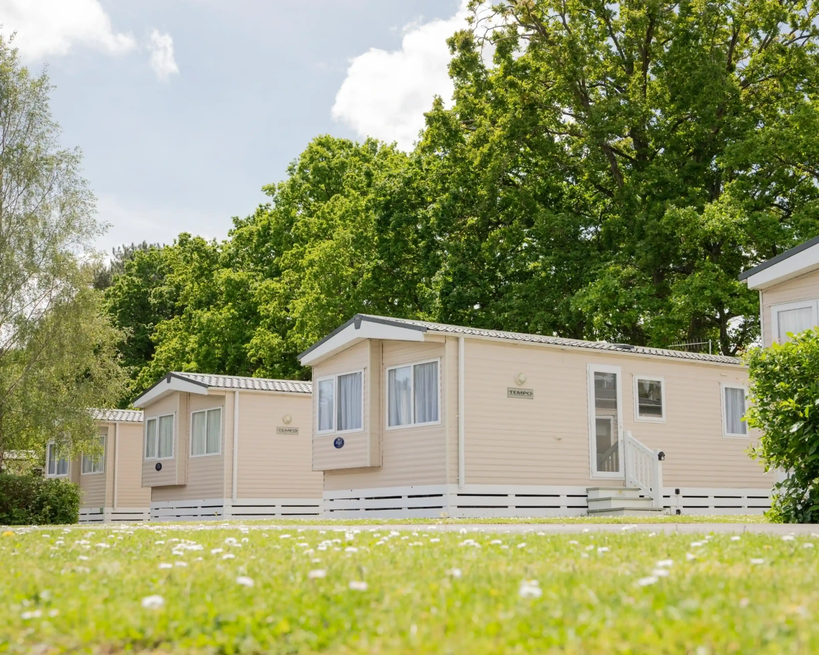 Three light pink mobile homes with white trim are arranged on a grassy area, surrounded by lush green trees and blue sky with fluffy clouds.