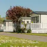 A row of modern mobile homes surrounded by green grass and blooming trees, with a clear blue sky overhead.