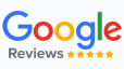 Google Reviews logo featuring colorful letters spelling "Google" and the word "Reviews" in gray, accompanied by five yellow stars indicating a five-star rating.
