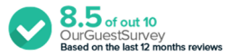 Logo displaying a rating of 8.5 out of 10 with a checkmark, indicating results from the OurGuestSurvey based on the last 12 months of reviews.