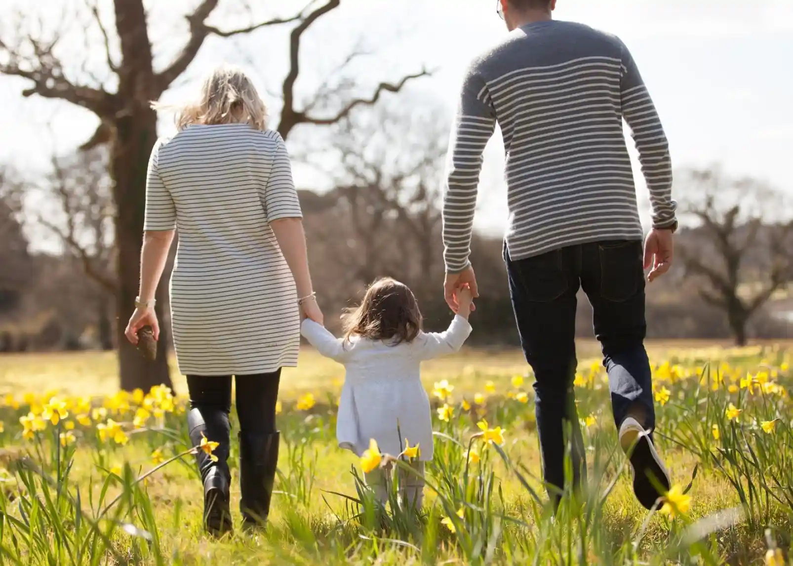 A family walks hand in hand through a field of daffodils. The parents, wearing striped tops, are holding the hands of their young daughter, who is in a white dress. The background features trees and a sunny sky.