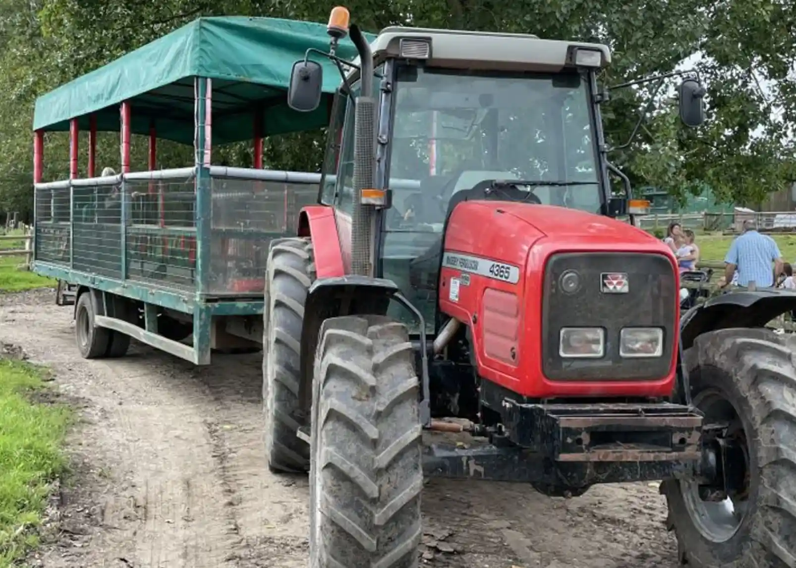 A red tractor parked beside a covered wagon with metal railings. People are visible in the background, enjoying a farm setting. Trees line the area, adding a natural backdrop.