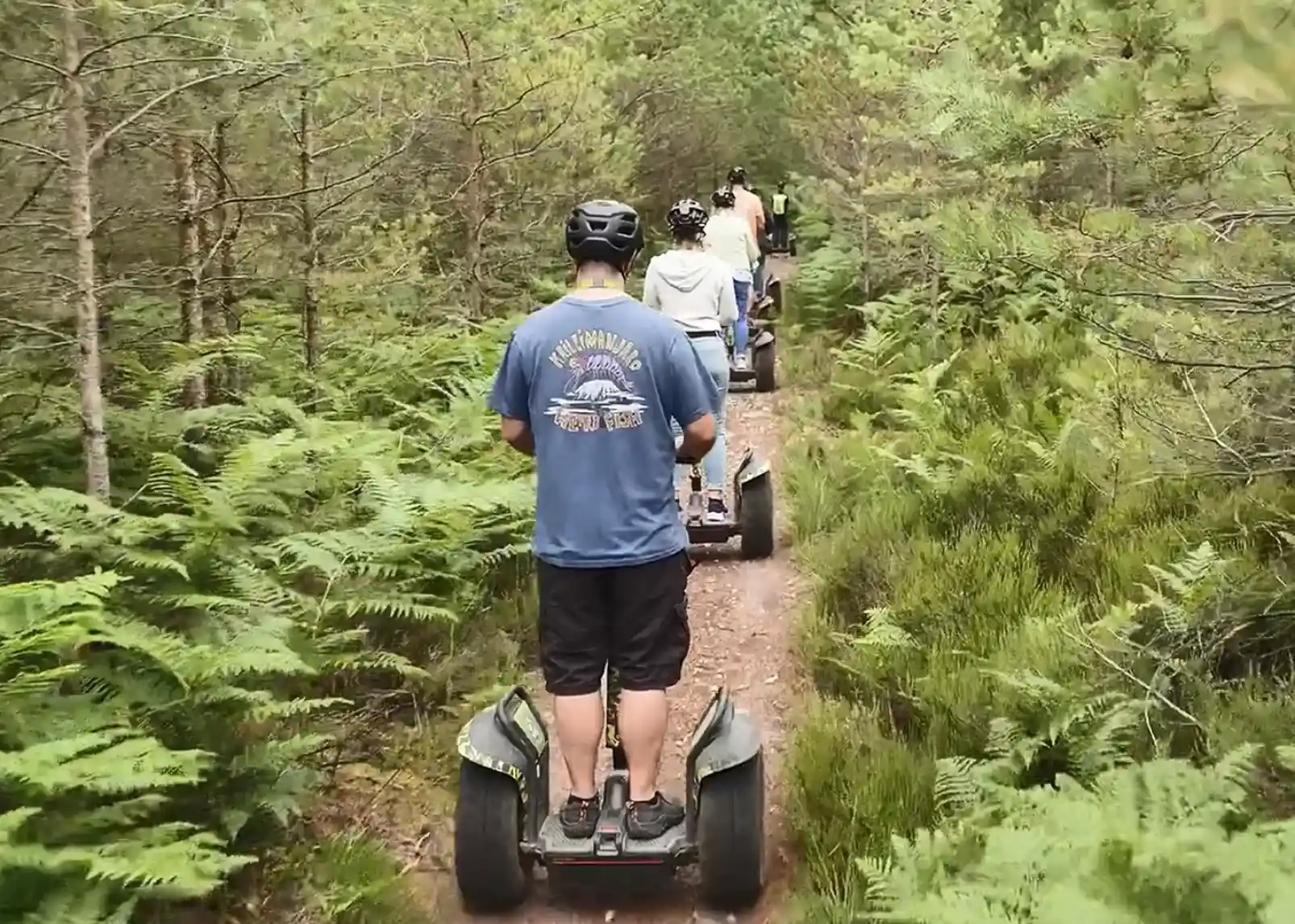 People riding electric scooters on a narrow forest trail, surrounded by lush green ferns and trees. The view shows the back of the riders, with one wearing a blue shirt and helmet.